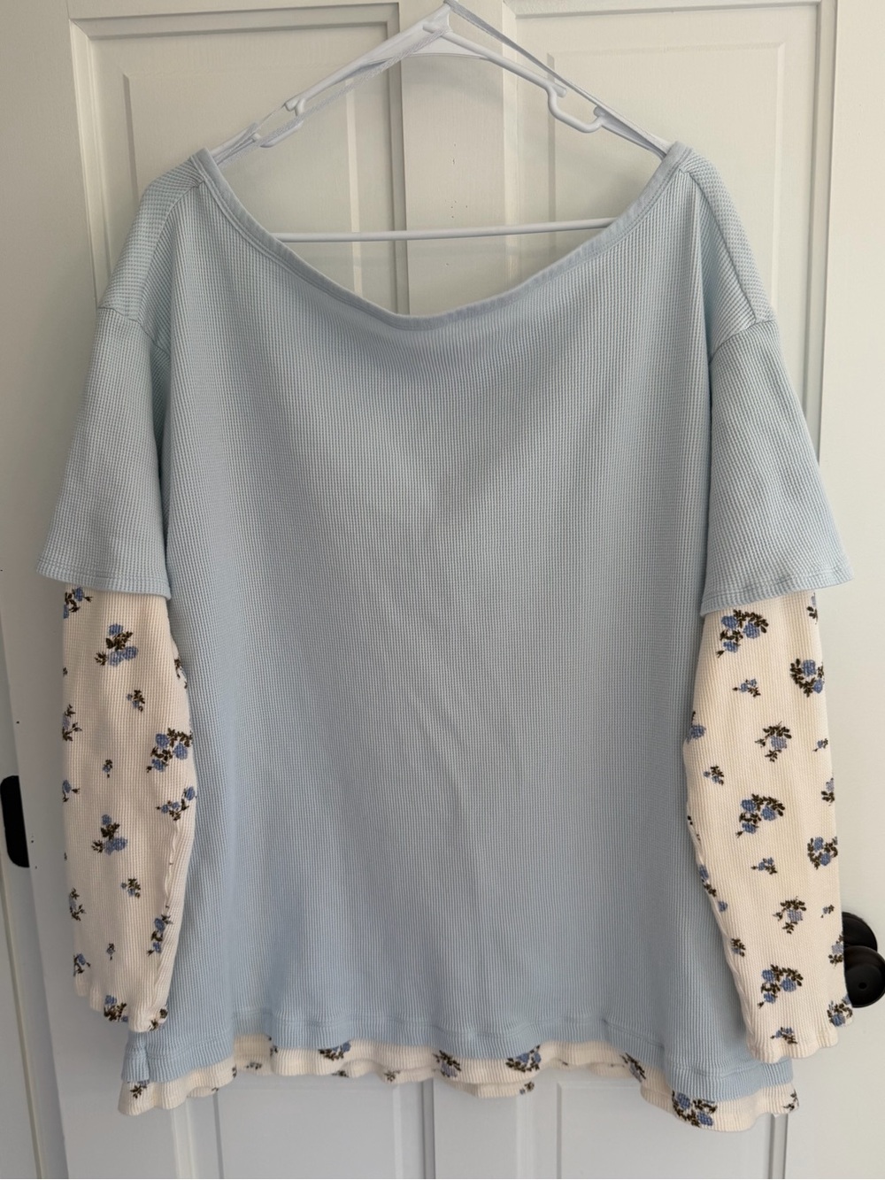 Out From Under XL Blue Floral Layered Waffle Knit Thermal Top